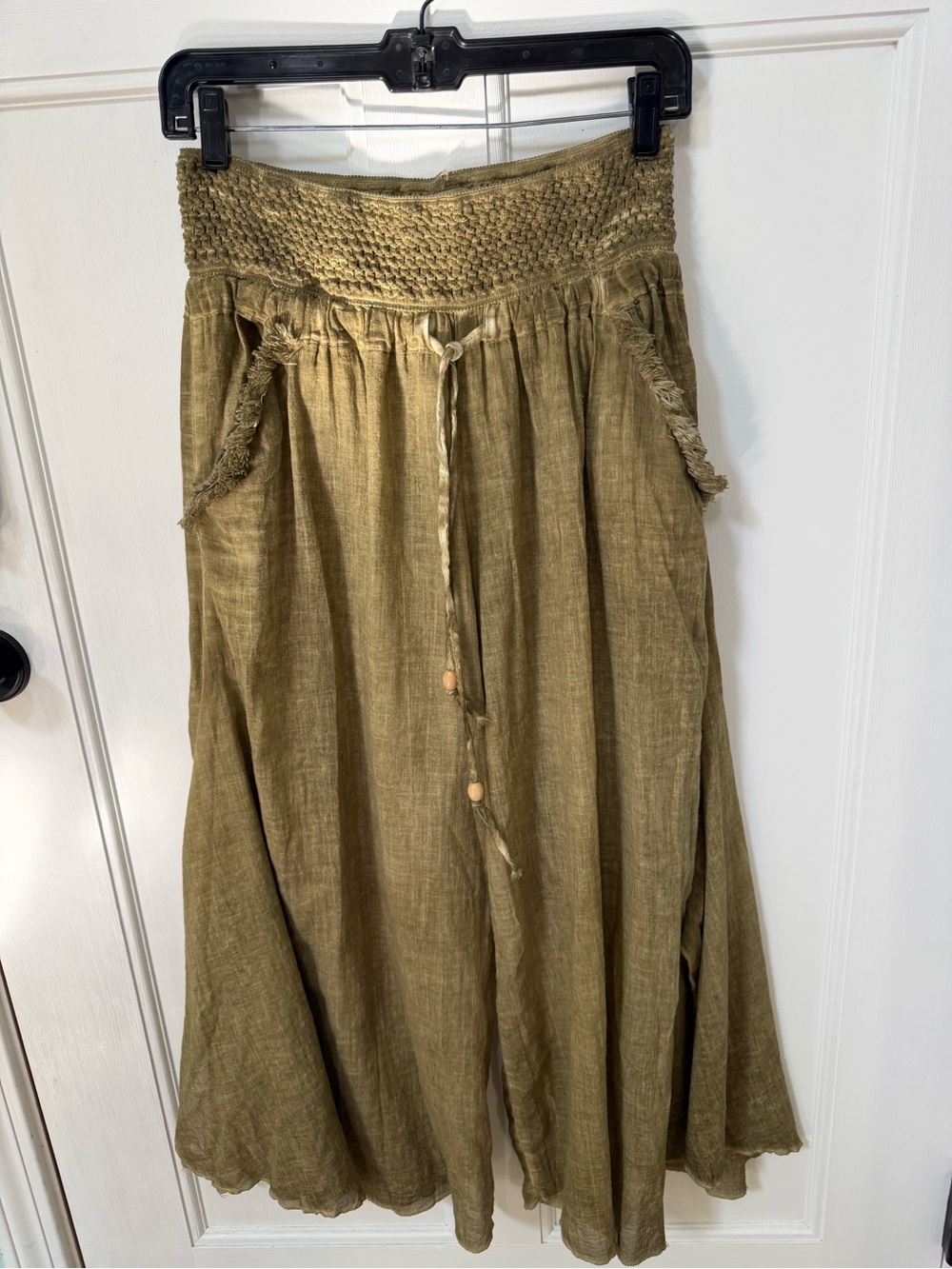 Boho Cotton/Gauzy Blend Olive Wide-Leg Pants - Picture 3 of 9
